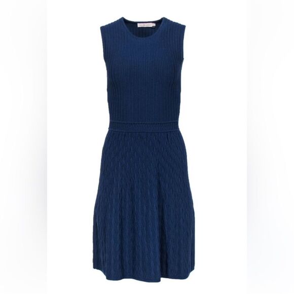 Tory Burch L LIAM Navy Knit Fit-and-Flare Textured Sleeves Dress - Picture 5 of 15
